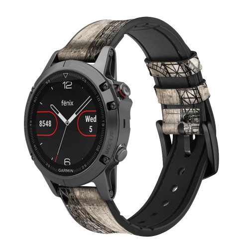 CA0717 Eiffel Tower Blueprint Silicone & Leather Smart Watch Band Strap For Garmin Smartwatch
