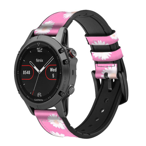 CA0792 Pink Floral Pattern Silicone & Leather Smart Watch Band Strap For Garmin Smartwatch