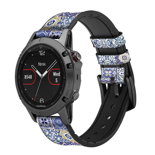 CA0820 Moroccan Mosaic Pattern Silicone & Leather Smart Watch Band Strap For Garmin Smartwatch