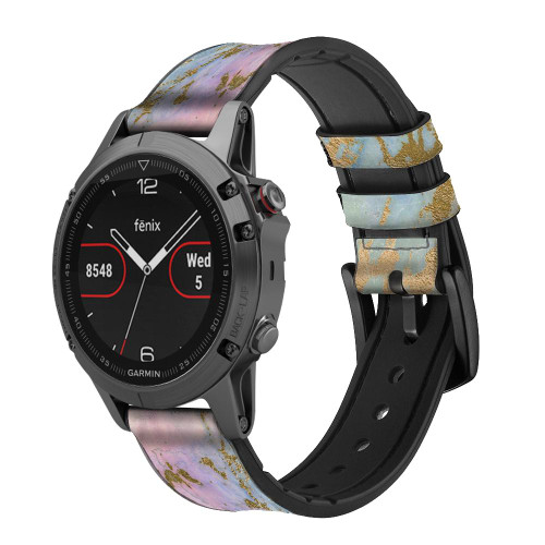 CA0845 Rainbow Gold Marble Silicone & Leather Smart Watch Band Strap For Garmin Smartwatch