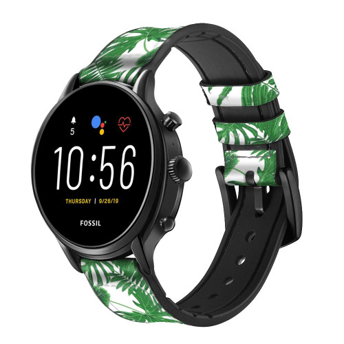 CA0754 Paper Palm Monstera Silicone & Leather Smart Watch Band Strap For Fossil Smartwatch