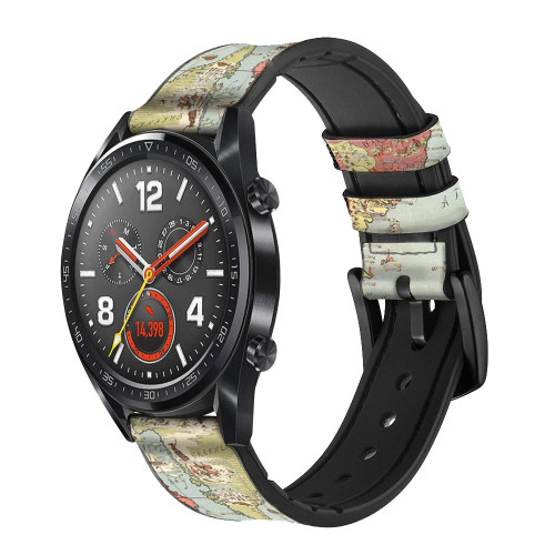 CA0719 Vintage World Map Silicone & Leather Smart Watch Band Strap For Wristwatch Smartwatch