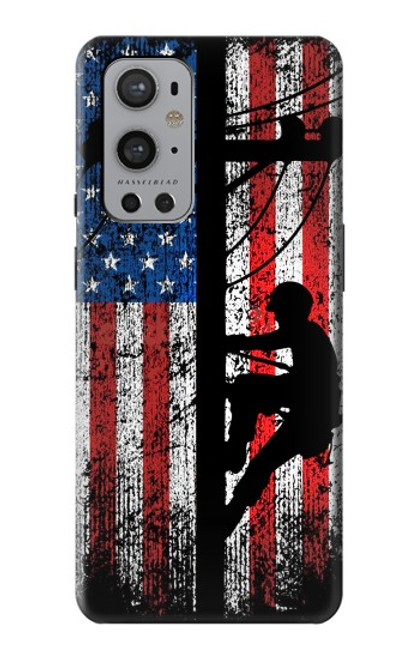W3803 Electrician Lineman American Flag Hard Case and Leather Flip Case For OnePlus 9 Pro