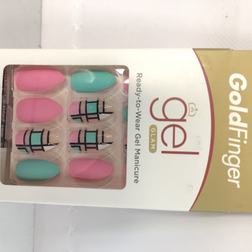 Kiss Goldfinger Gel Glam Pink Green Squares Long Glue On Nails GF97 ZO637