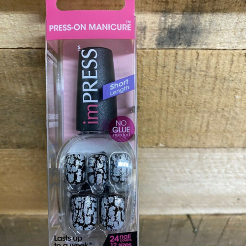 Impress Gel Manicure Press on Nails one step Kiss Short Black silver 56893 H15