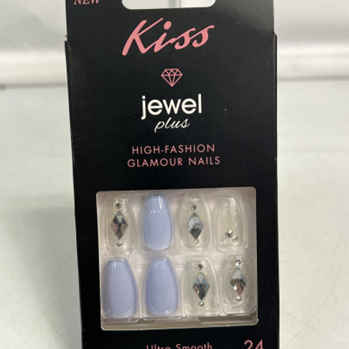 Medium Length Kiss Jewel Plus Glamour Nails Glue on Petal Blue ZAA61