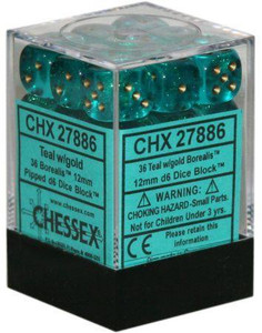 12mm d6 Dice Block (36): Borealis Teal/gold