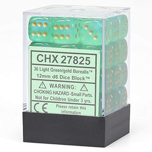 12mm d6 Dice Block (36): Borealis Light Green/gold 12mm d6 Dice Block (36): Borealis Light Green/gold