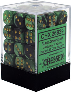 12mm d6 Dice Block (36): Gemini Black-Green/gold 12mm d6 Dice Block (36): Gemini Black-Green/gold