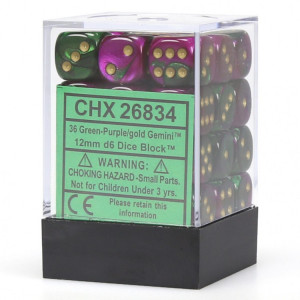 12mm d6 Dice Block (36): Gemini Green-Purple/gold 12mm d6 Dice Block (36): Gemini Green-Purple/gold