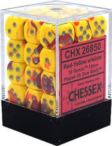 12mm d6 Dice Block (36): Gemini Red-Yellow/silver 12mm d6 Dice Block (36): Gemini Red-Yellow/silver