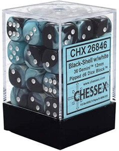 12mm d6 Dice Block (36): Gemini Black-Shell/white 12mm d6 Dice Block (36): Gemini Black-Shell/white
