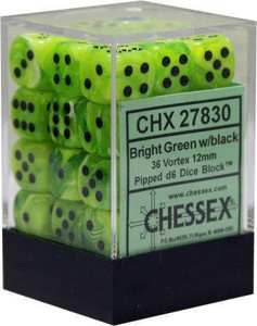 12mm d6 Dice Block (36): Vortex Bright Green/black 12mm d6 Dice Block (36): Vortex Bright Green/black