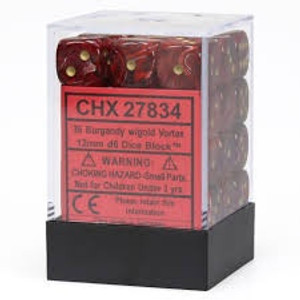 12mm d6 Dice Block (36): Vortex Burgundy/gold 12mm d6 Dice Block (36): Vortex Burgundy/gold