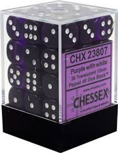 12mm d6 Dice Block (36): Translucent Purple/white