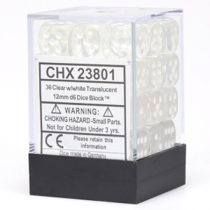 12mm d6 Dice Block (36): Translucent Clear/white 12mm d6 Dice Block (36): Translucent Clear/white