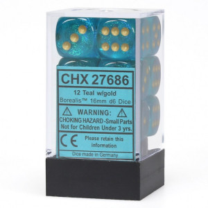 16mm d6 Dice Block (12): Borealis Teal/gold 16mm d6 Dice Block (12): Borealis Teal/gold