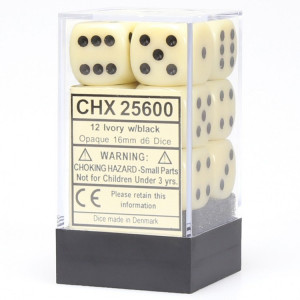 16mm d6 Dice Block (12): Opaque Ivory/black 16mm d6 Dice Block (12): Opaque Ivory/black