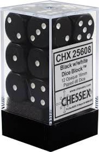16mm d6 Dice Block (12): Opaque Black/white 16mm d6 Dice Block (12): Opaque Black/white