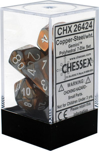 Polyhedral Dice Set (7): Gemini Copper-Steel/white Polyhedral Dice Set (7): Gemini Copper-Steel/white