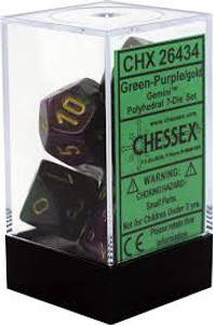 Polyhedral Dice Set (7): Gemini Green-Purple/gold Polyhedral Dice Set (7): Gemini Green-Purple/gold