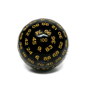 100 Sided Die: Black Opaque with Yellow 100 Sided Die: Black Opaque with Yellow