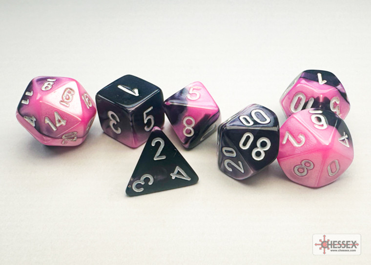 Gemini: Mini-Polyhedral Black-Pink/white 7-Die Set