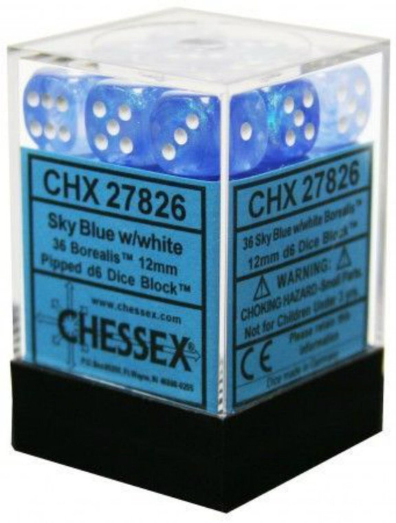 12mm d6 Dice Block (36): Borealis Sky Blue/white