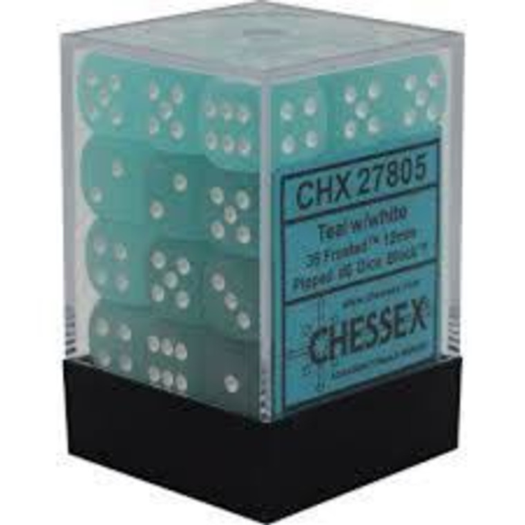 12mm d6 Dice Block (36): Frosted Teal/white