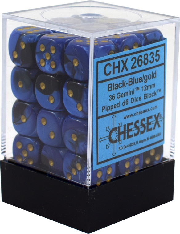 12mm d6 Dice Block (36): Gemini Black-Blue/gold