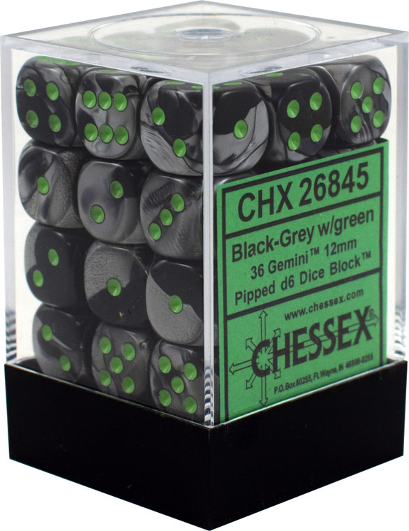 12mm d6 Dice Block (36): Gemini Black-Grey/green