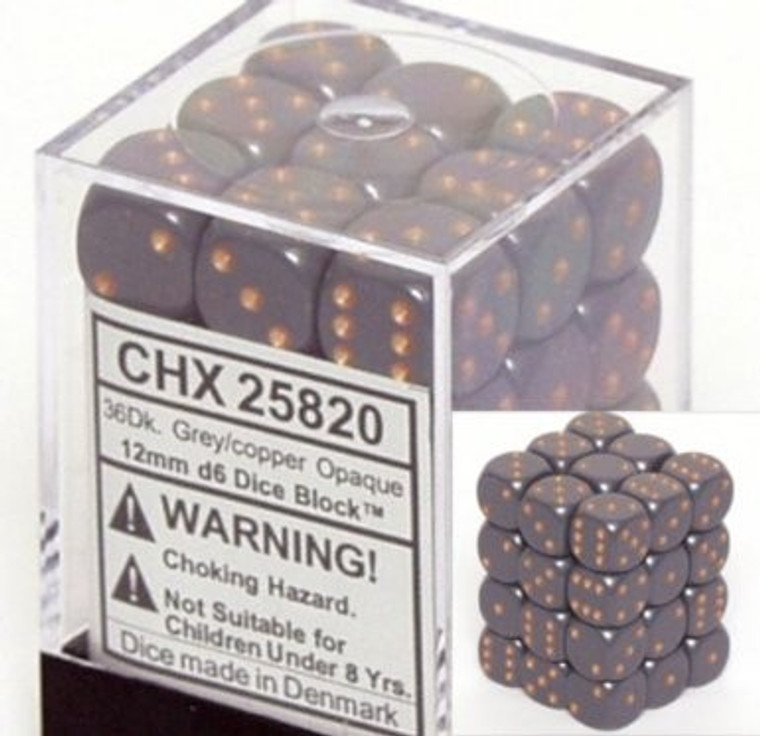 12mm d6 Dice Block (36): Opaque Dark Grey/copper