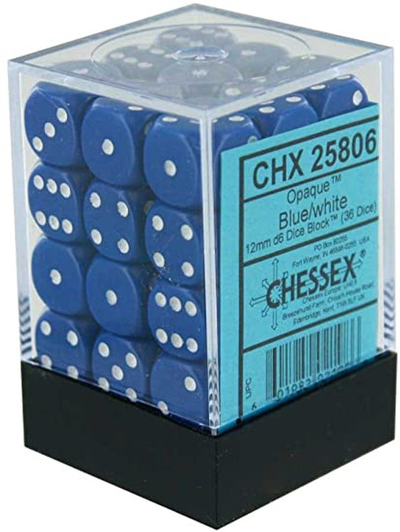 12mm d6 Dice Block (36): Opaque Blue/white