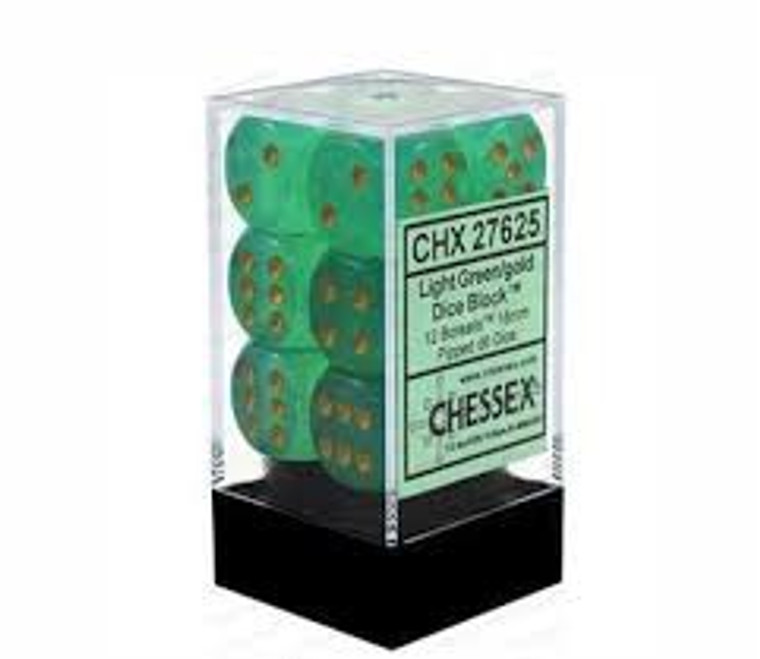 16mm d6 Dice Block (12): Borealis Light Green/gold