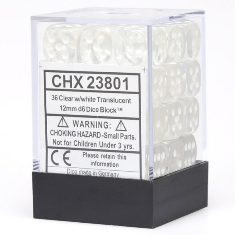 12mm d6 Dice Block (36): Translucent Clear/white