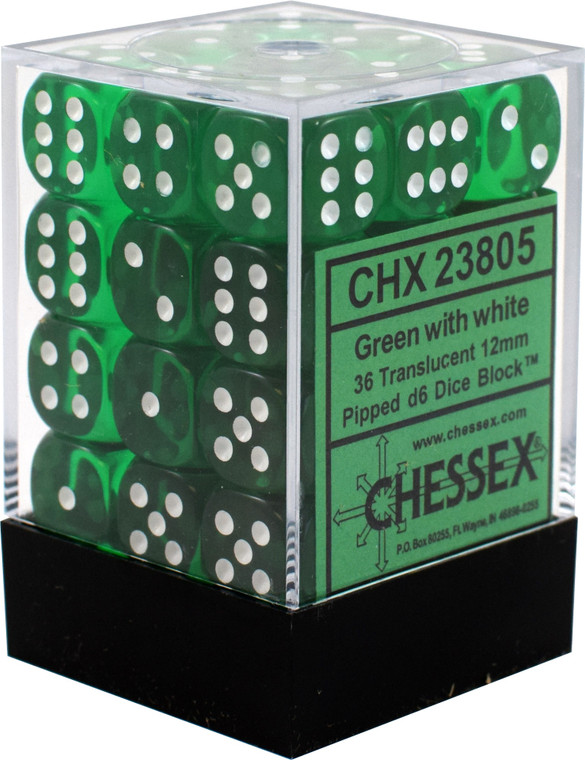 12mm d6 Dice Block (36): Translucent Green/white