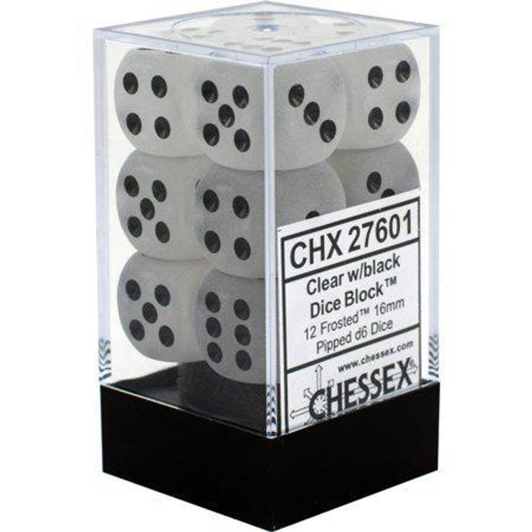 16mm d6 Dice Block (12): Frosted Clear/black