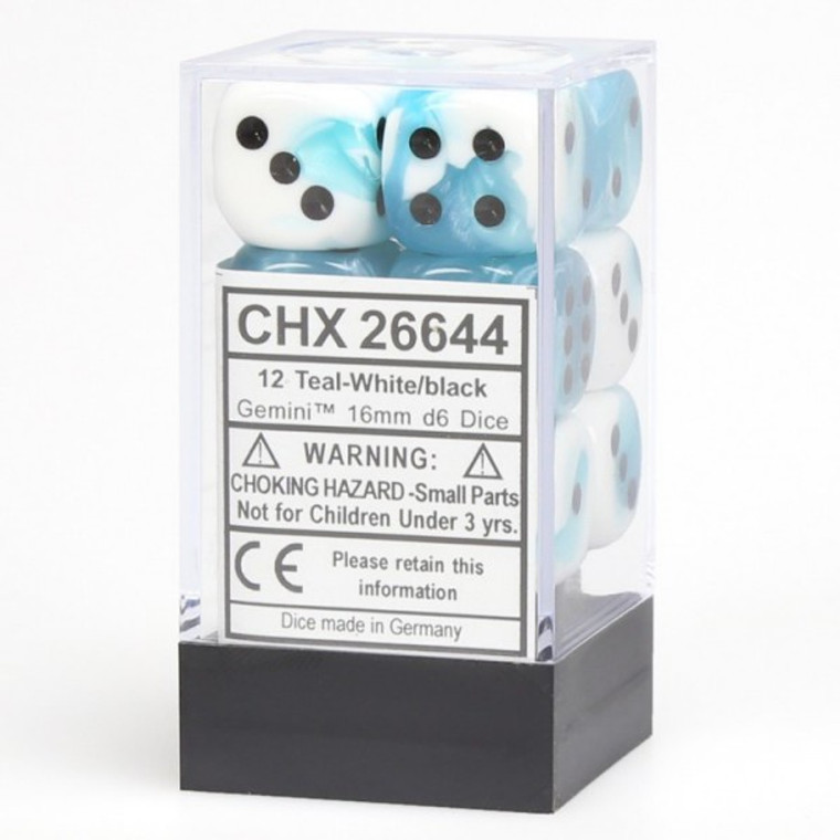 16mm d6 Dice Block (12): Gemini Teal-White/black