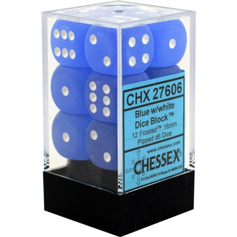 16mm d6 Dice Block (12): Frosted Blue/white