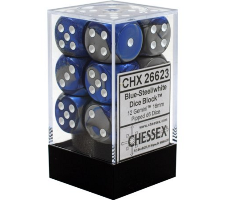 16mm d6 Dice Block (12): Gemini Blue-Steel/white