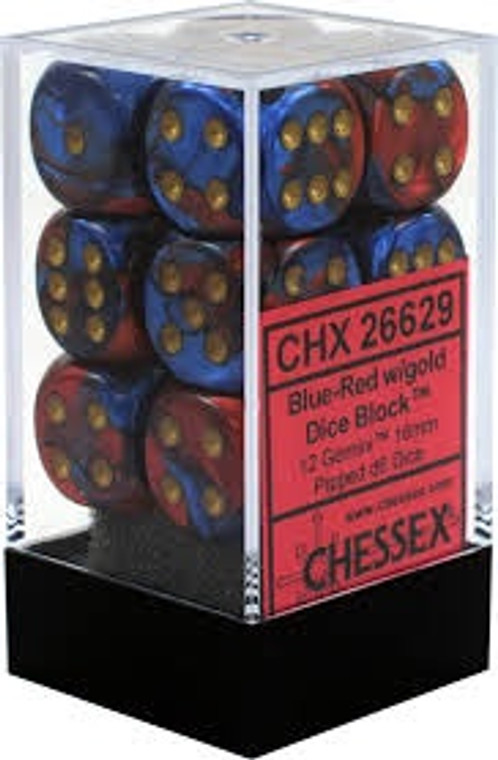 16mm d6 Dice Block (12): Gemini Blue-Red/gold