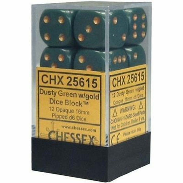 16mm d6 Dice Block (12): Opaque Dusty Green/gold