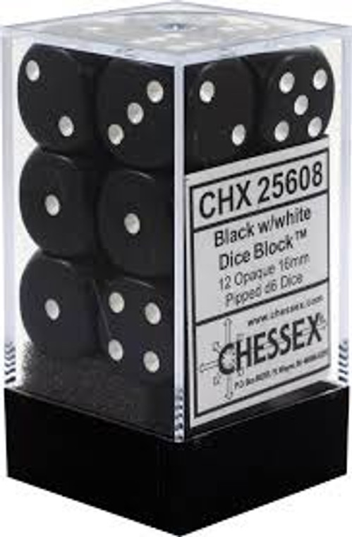 16mm d6 Dice Block (12): Opaque Black/white