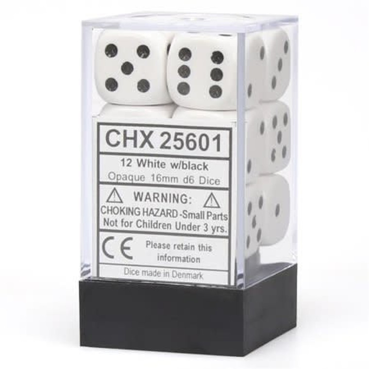 16mm d6 Dice Block (12): Opaque White/black