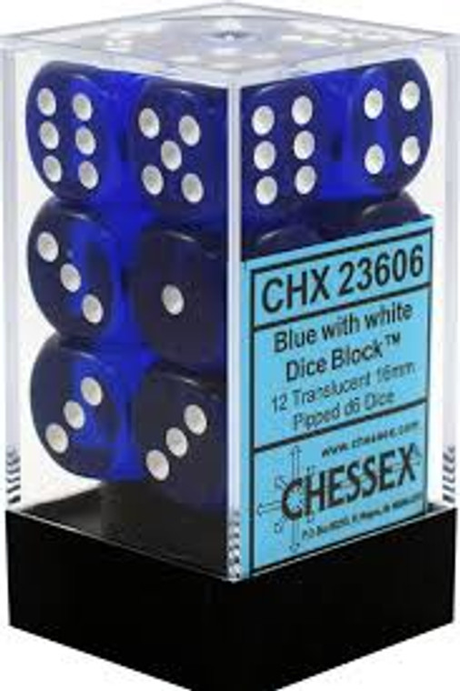 16mm d6 Dice Block (12): Translucent Blue/white