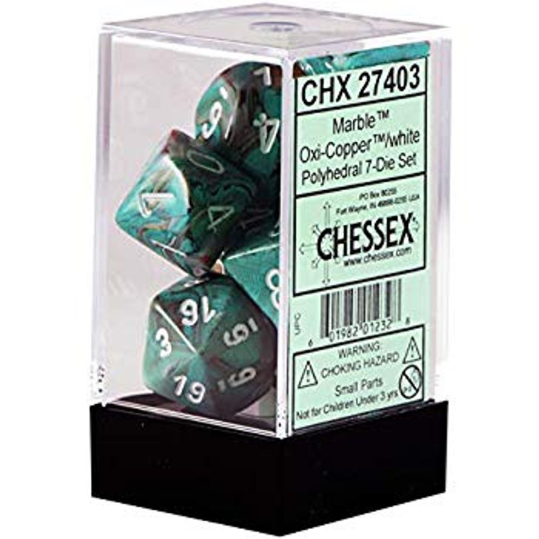 Polyhedral Dice Set: Marble Oxi-Copper/white