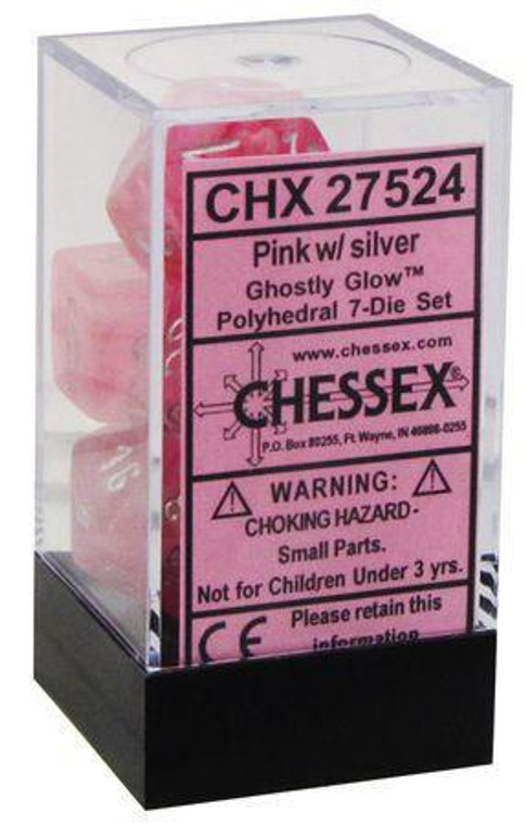 Polyhedral Dice Set: Ghostly Glow Pink/silver