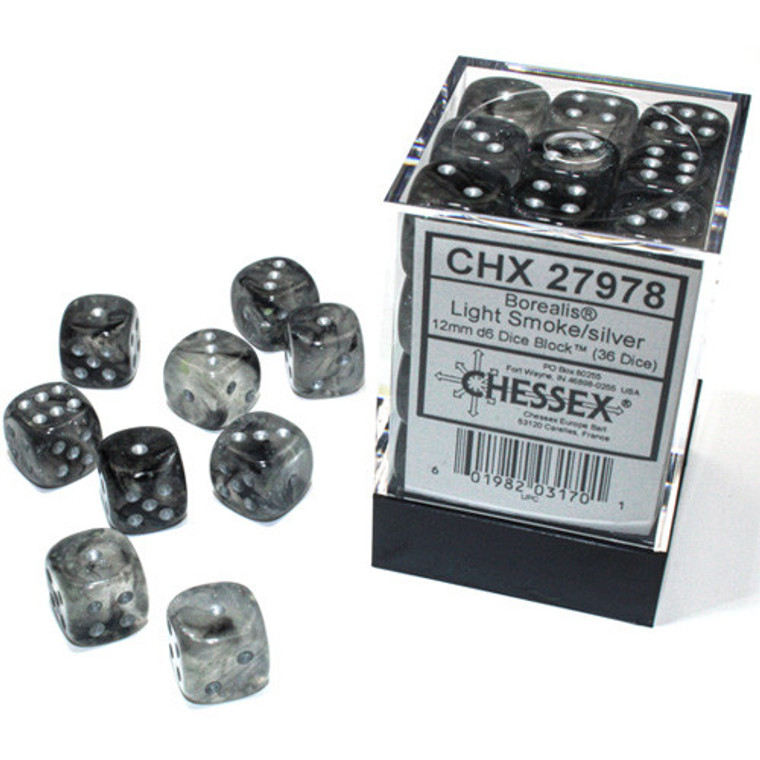 12mm d6 Dice Block (36): Borealis Light Smoke/silver