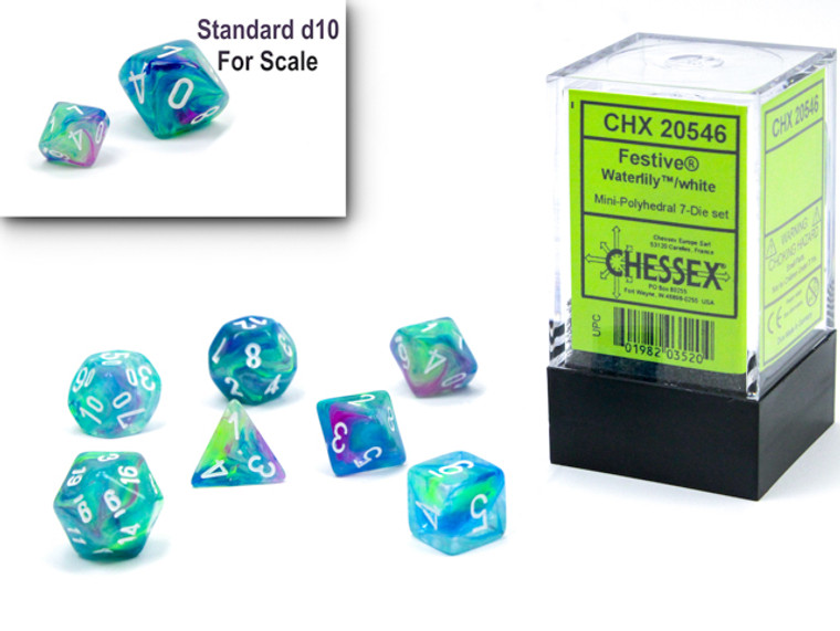 Mini-Polyhedral Dice Set: Festive-Waterlily/white