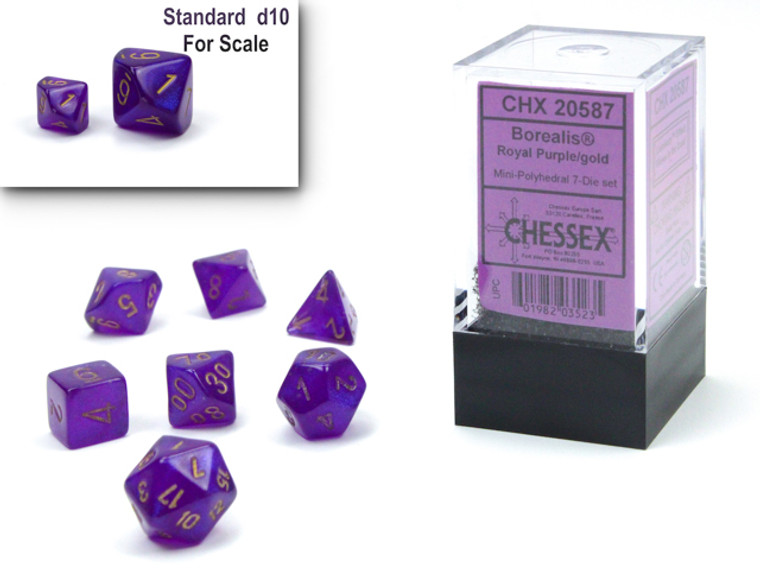 Mini-Polyhedral Dice Set: Borealis-Royal Purple/gold